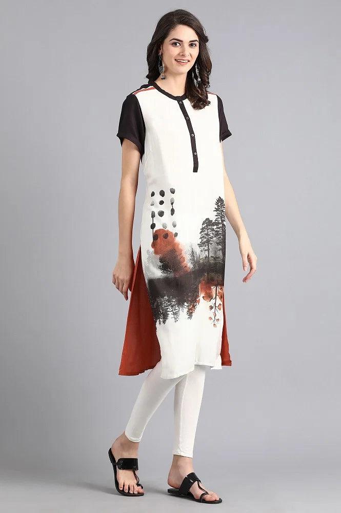 White Mandarin Neck Printed kurta - wforwoman