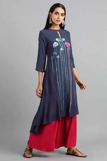 Blue Mandarin Neck Printed kurta - wforwoman