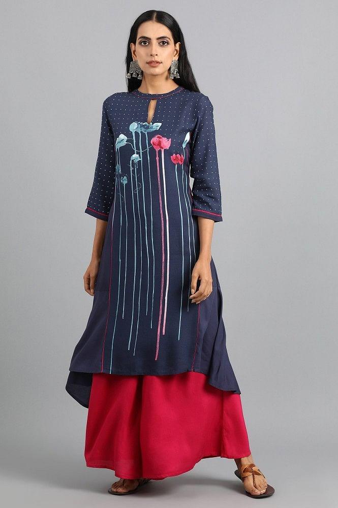 Blue Mandarin Neck Printed kurta - wforwoman