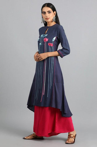 Blue Mandarin Neck Printed kurta - wforwoman