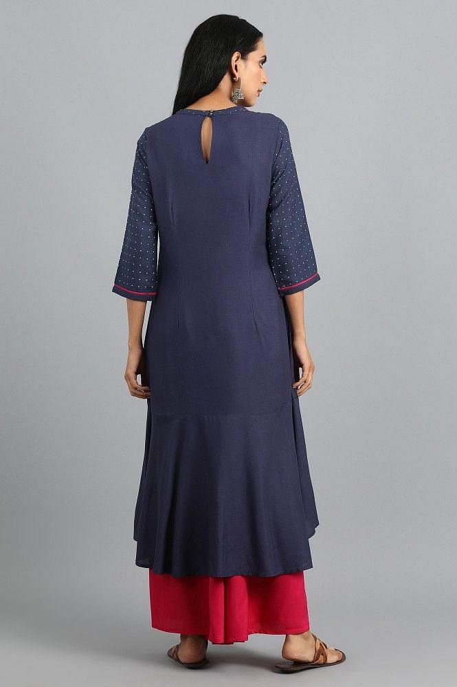 Blue Mandarin Neck Printed kurta - wforwoman