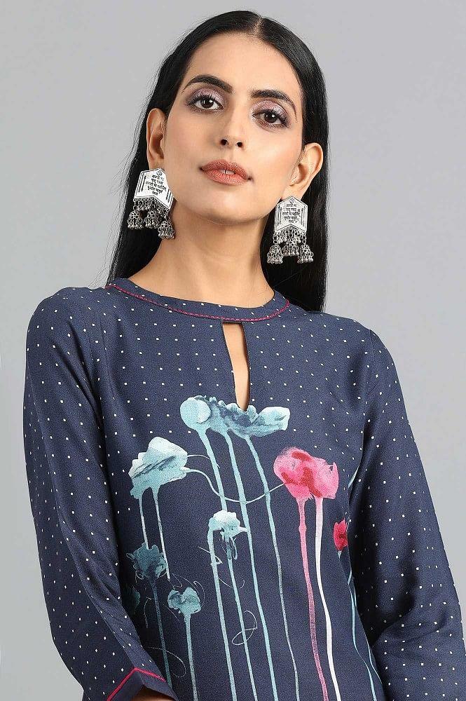 Blue Mandarin Neck Printed kurta - wforwoman