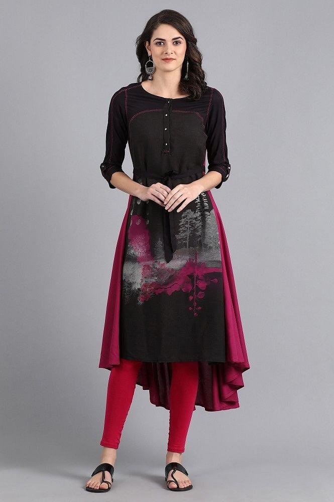 Black Round Neck Printed kurta - wforwoman