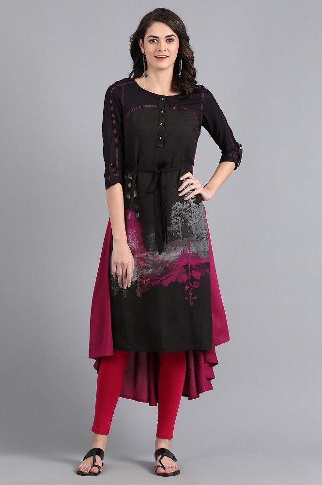 Black Round Neck Printed kurta - wforwoman