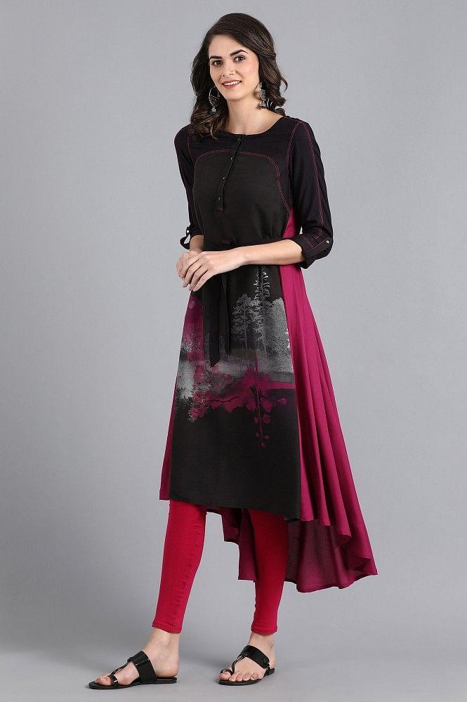 Black Round Neck Printed kurta - wforwoman