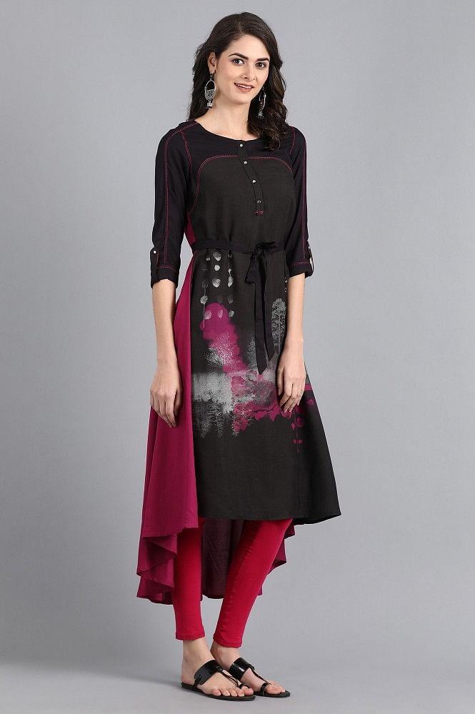 Black Round Neck Printed kurta - wforwoman