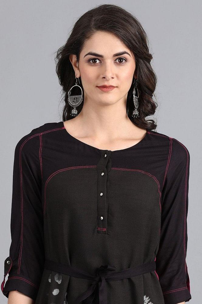 Black Round Neck Printed kurta - wforwoman