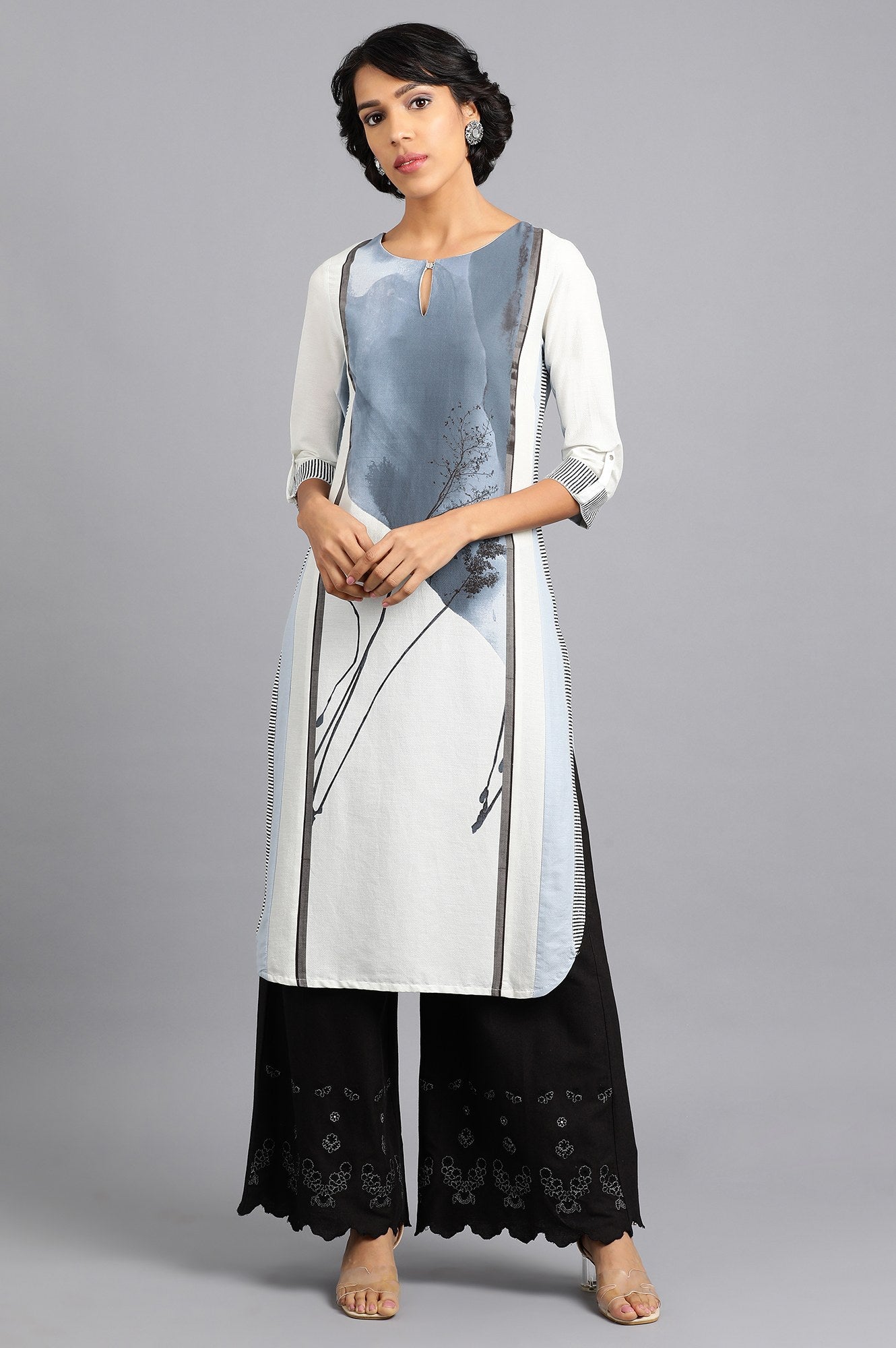 Blue &amp; White Round Neck Printed kurta