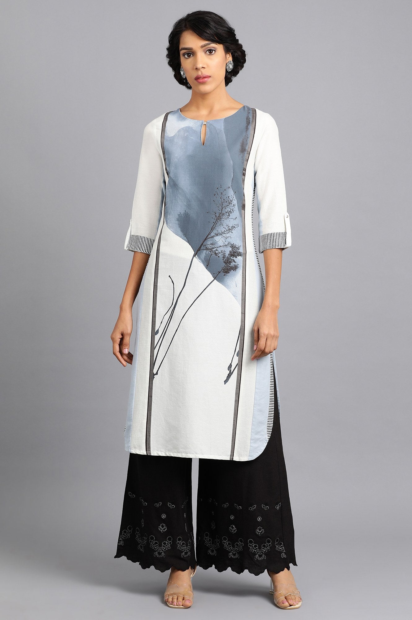 Blue &amp; White Round Neck Printed kurta