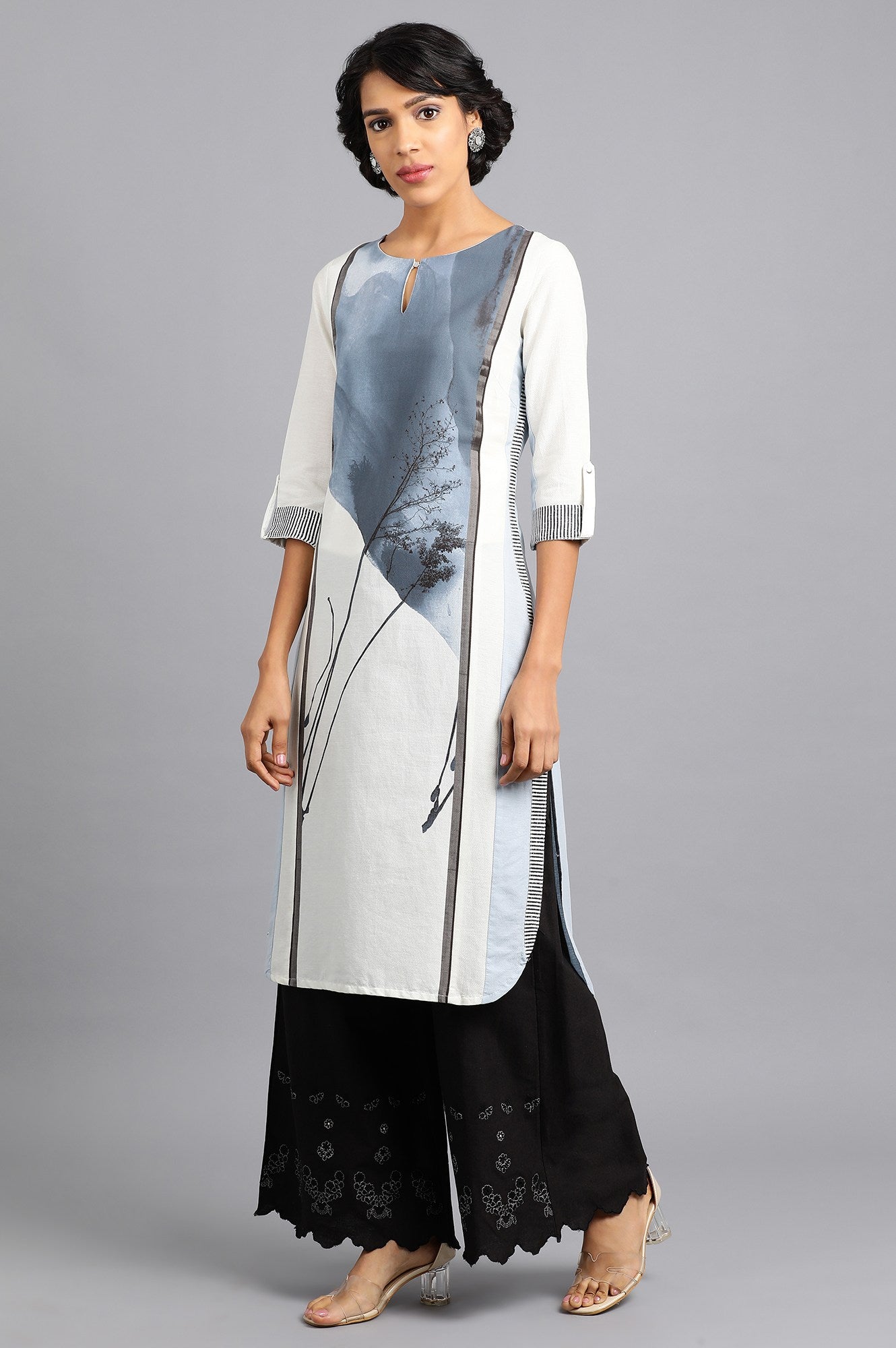 Blue &amp; White Round Neck Printed kurta