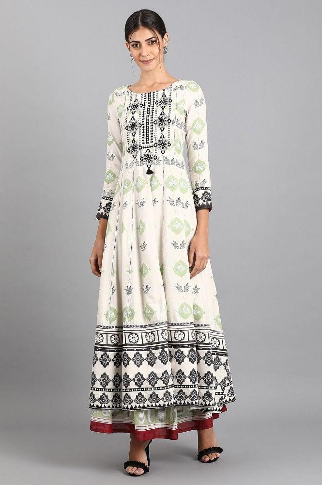 White Round Neck Printed kurta - wforwoman