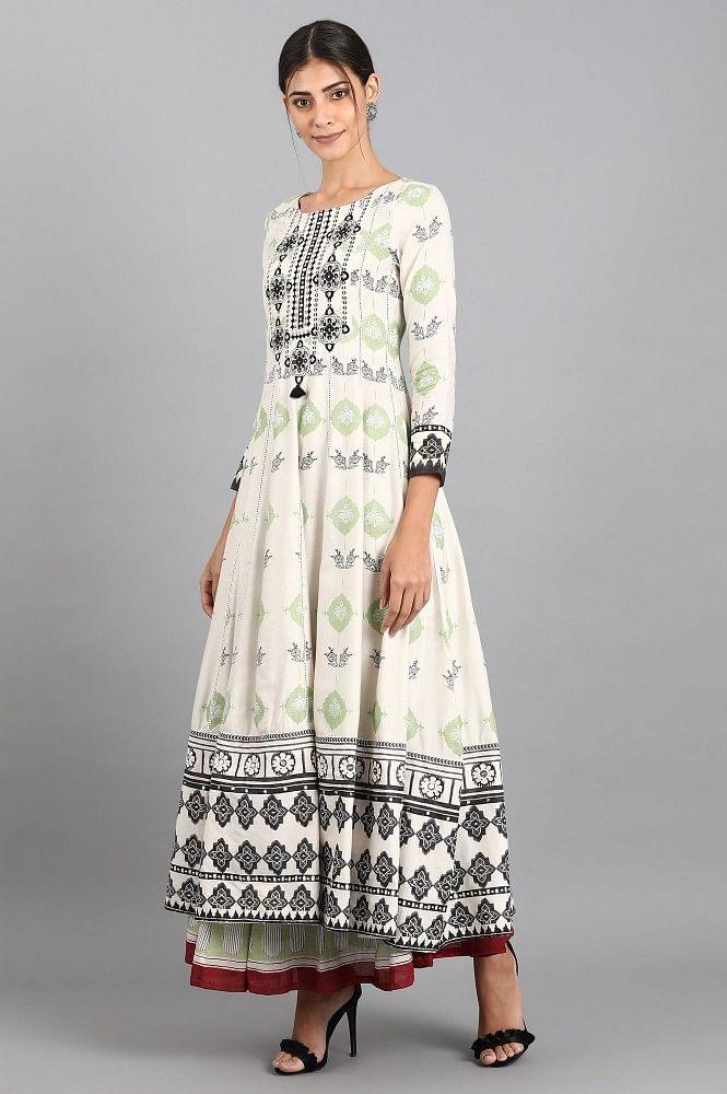 White Round Neck Printed kurta - wforwoman