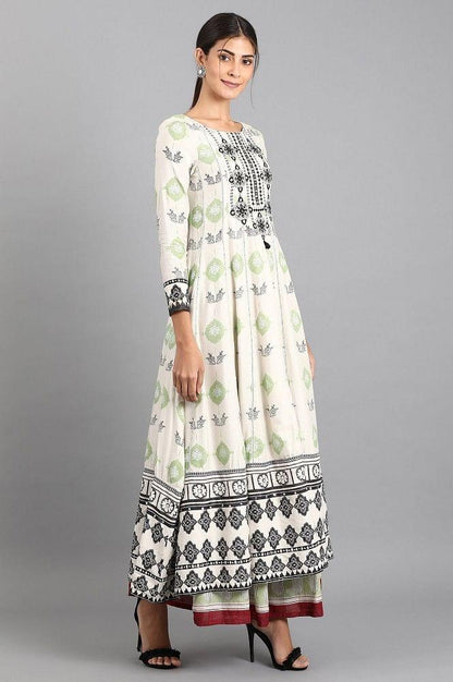 White Round Neck Printed kurta - wforwoman