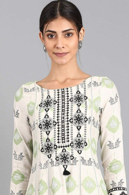 White Round Neck Printed kurta - wforwoman