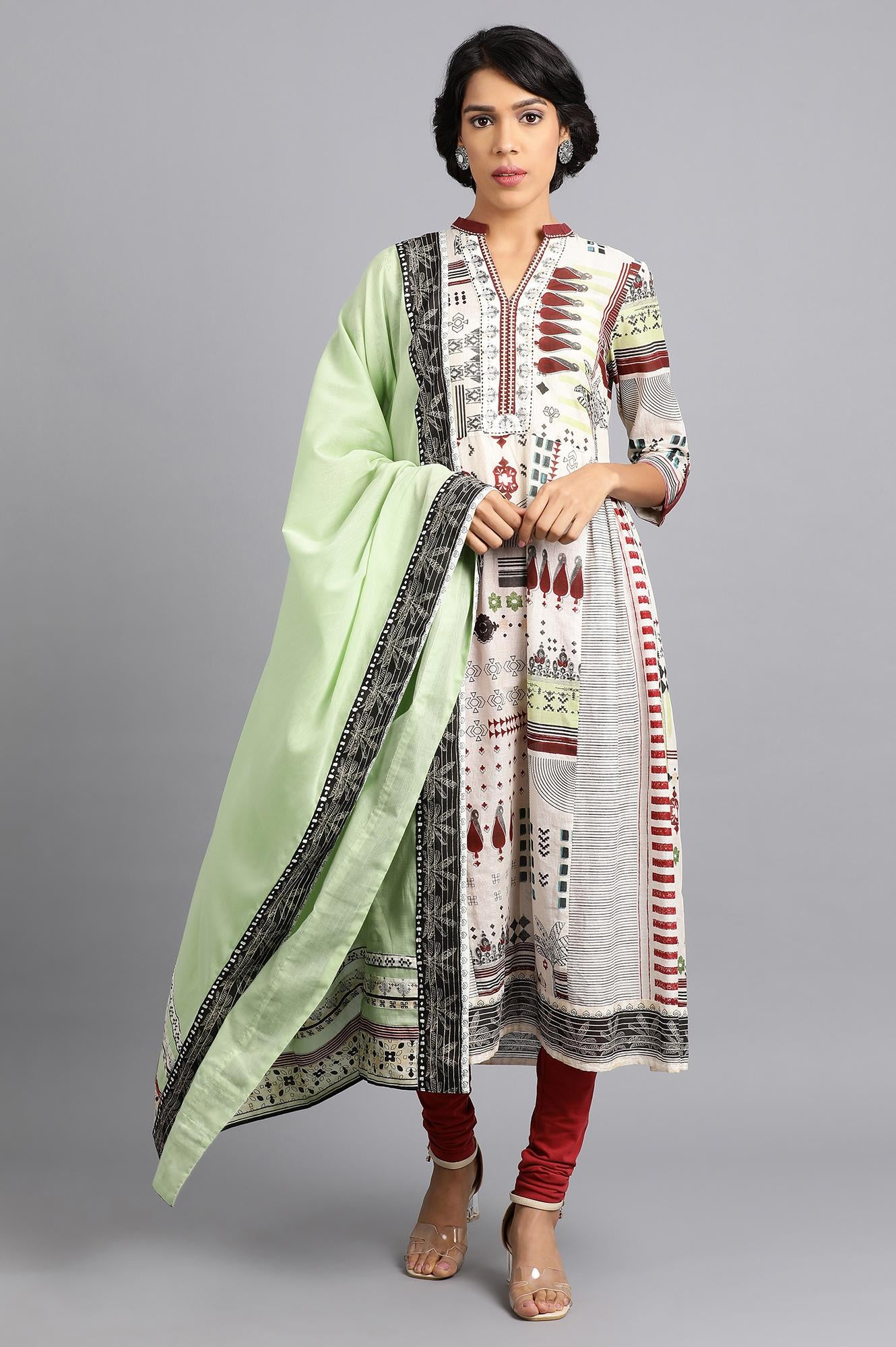 Off-White Mandarin Neck Printed kurta