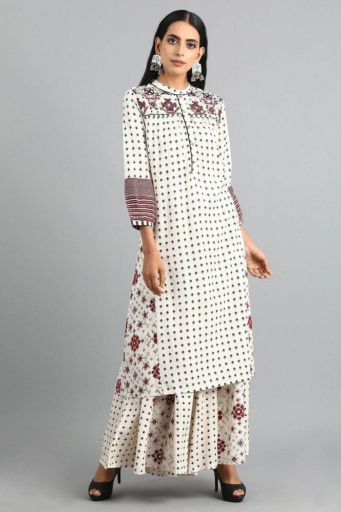 Off-White Mandarin Neck Printed kurta - wforwoman