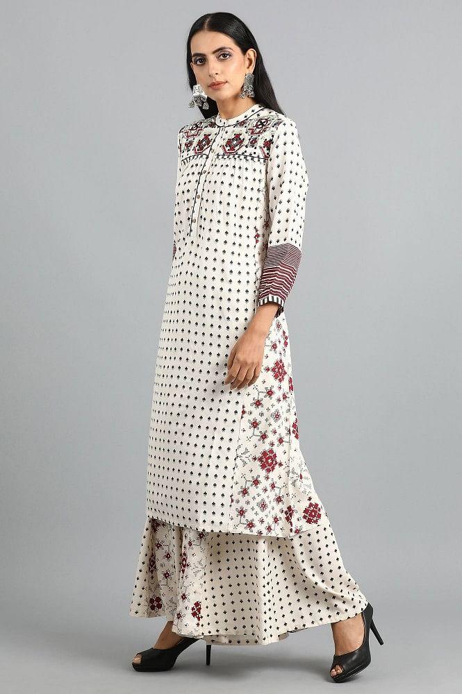 Off-White Mandarin Neck Printed kurta - wforwoman