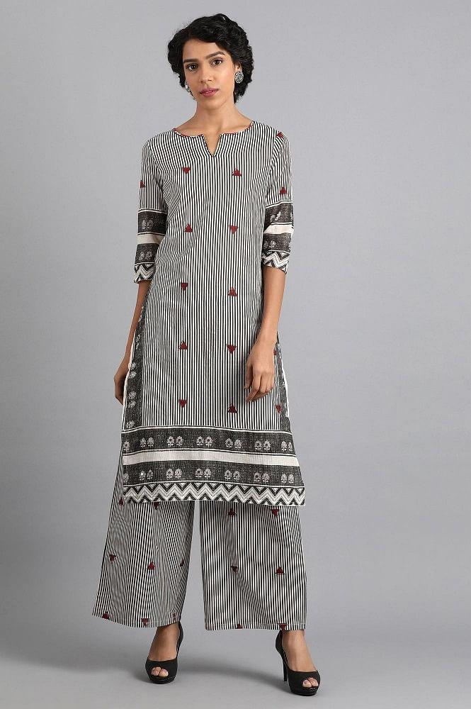 White &amp; Grey Round Neck Printed kurta - wforwoman