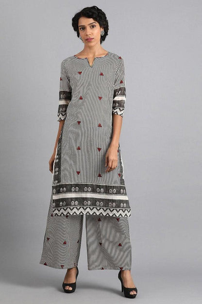 White &amp; Grey Round Neck Printed kurta - wforwoman