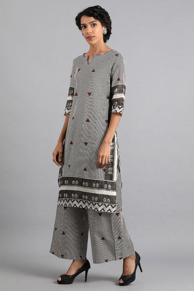 White &amp; Grey Round Neck Printed kurta - wforwoman