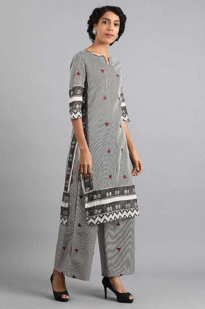 White &amp; Grey Round Neck Printed kurta - wforwoman