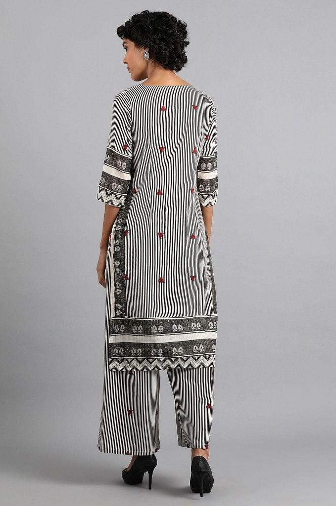 White &amp; Grey Round Neck Printed kurta - wforwoman