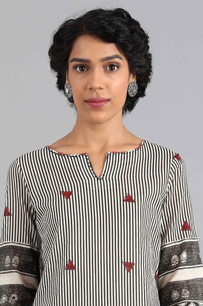 White &amp; Grey Round Neck Printed kurta - wforwoman