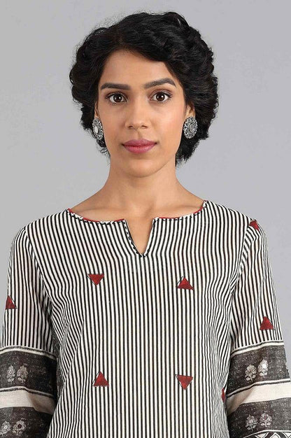 White &amp; Grey Round Neck Printed kurta - wforwoman