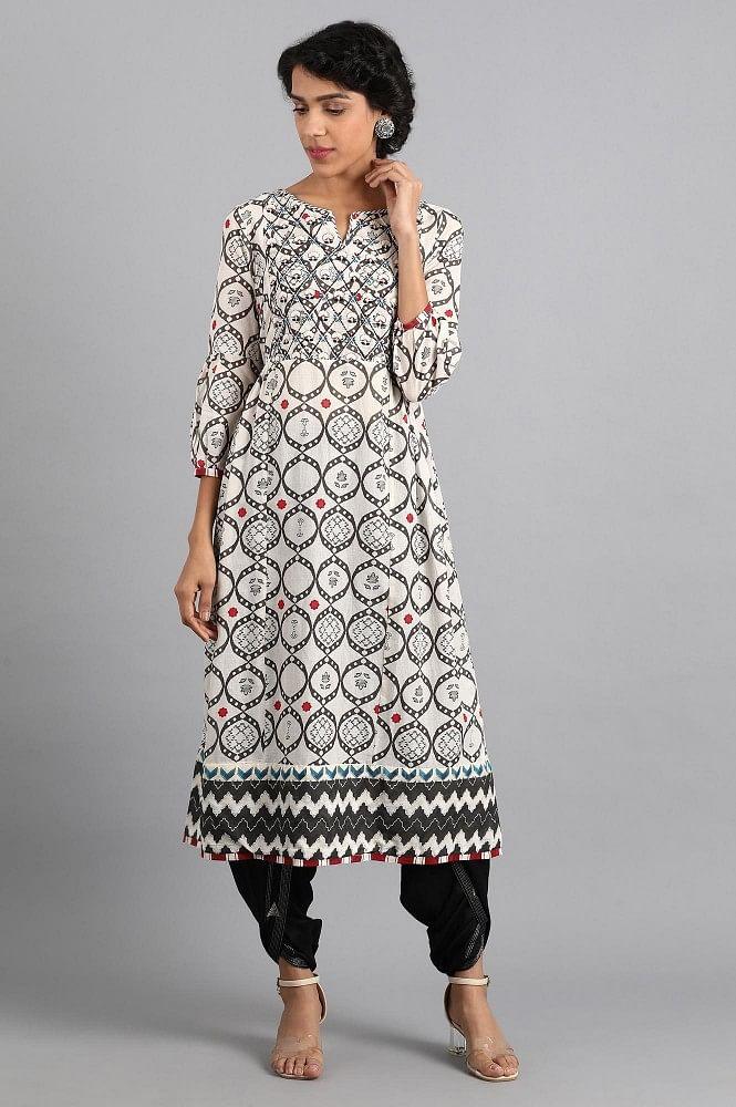 White Round Neck Printed kurta - wforwoman