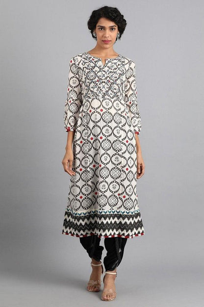 White Round Neck Printed kurta - wforwoman