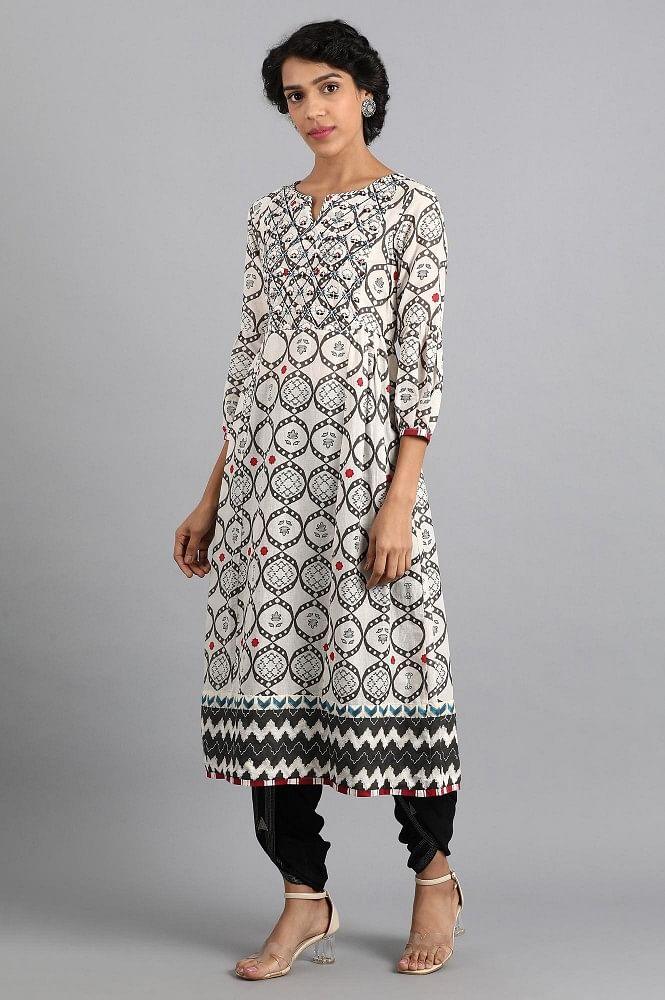 White Round Neck Printed kurta - wforwoman