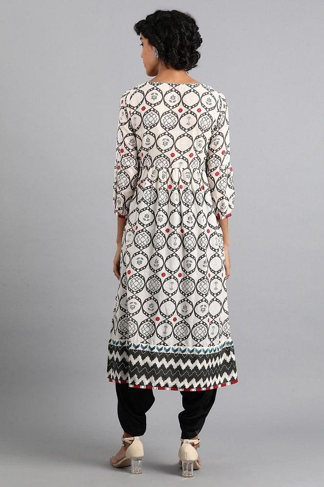 White Round Neck Printed kurta - wforwoman