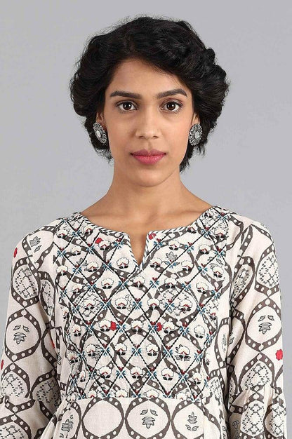 White Round Neck Printed kurta - wforwoman