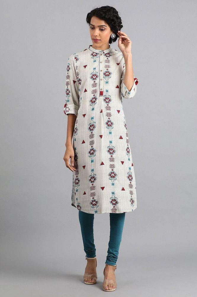 White Round Neck Printed kurta - wforwoman