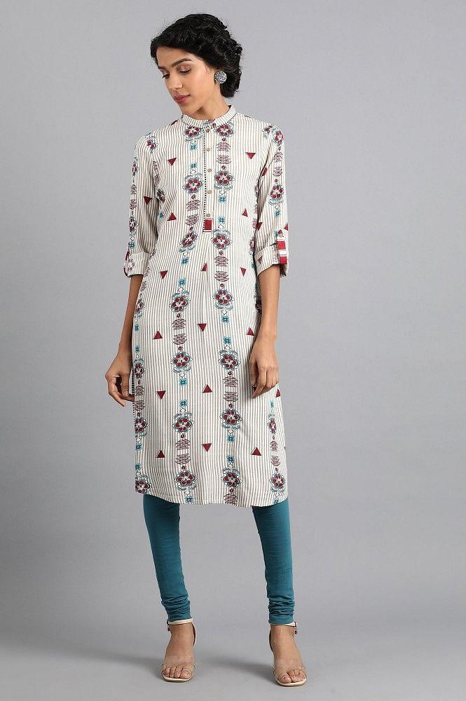 White Round Neck Printed kurta - wforwoman