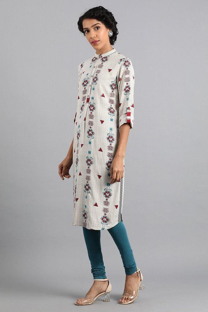 White Round Neck Printed kurta - wforwoman