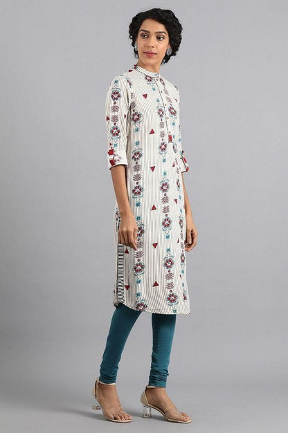 White Round Neck Printed kurta - wforwoman