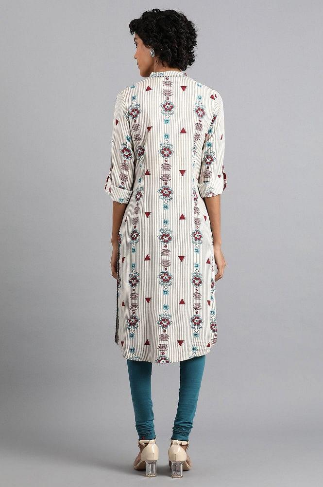 White Round Neck Printed kurta - wforwoman