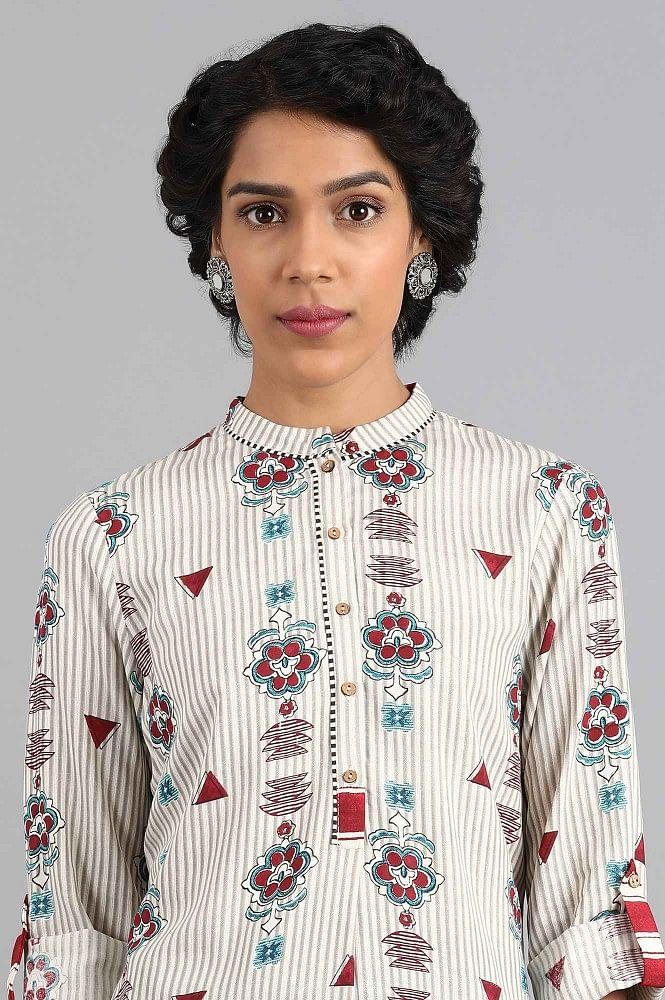 White Round Neck Printed kurta - wforwoman