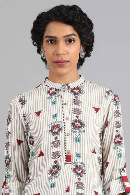 White Round Neck Printed kurta - wforwoman