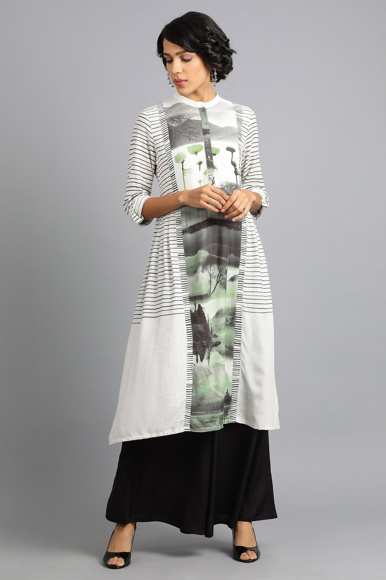 White Mandarin Neck Printed kurta