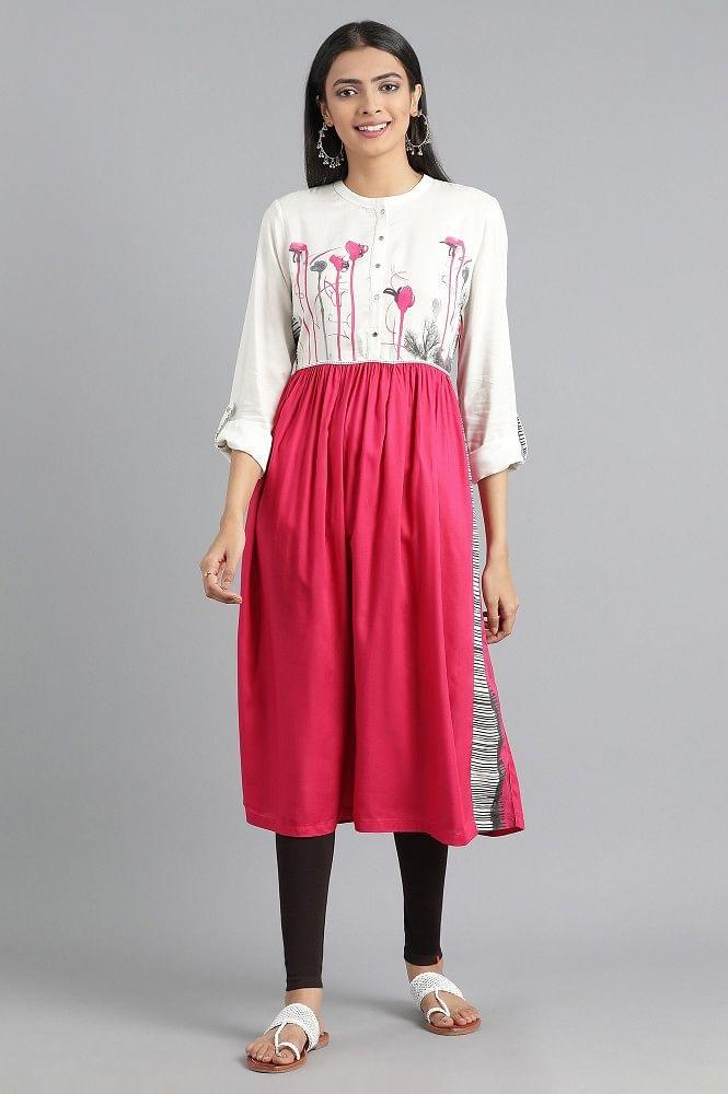 Pink Mandarin Neck Floral Print kurta - wforwoman