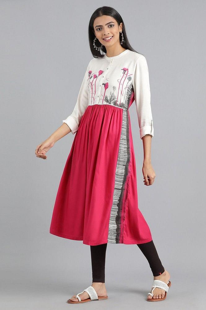 Pink Mandarin Neck Floral Print kurta - wforwoman