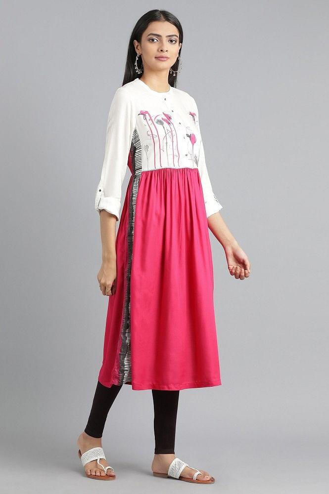 Pink Mandarin Neck Floral Print kurta - wforwoman