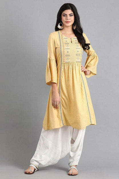 Yellow Round Neck Tie-up kurta - wforwoman