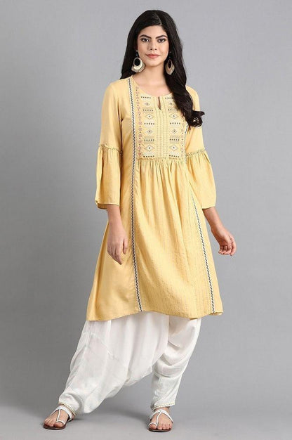 Yellow Round Neck Tie-up kurta - wforwoman