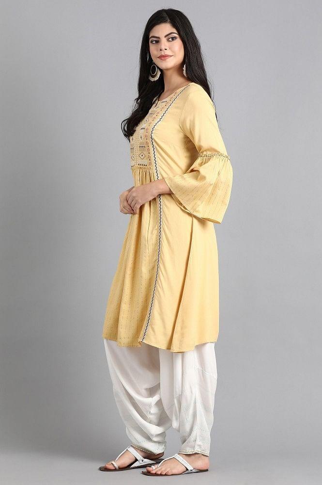 Yellow Round Neck Tie-up kurta - wforwoman