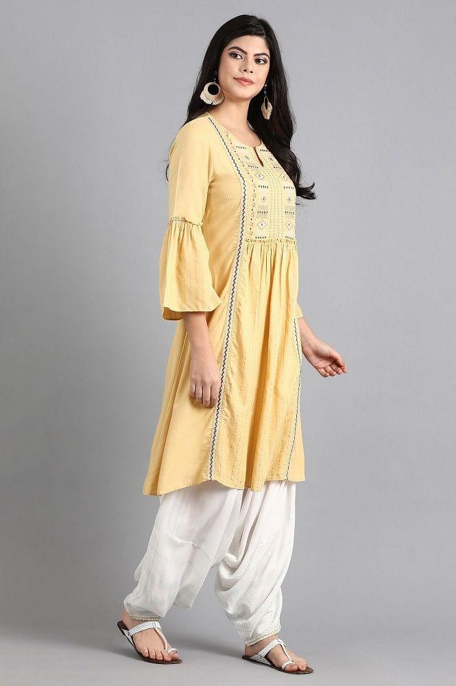 Yellow Round Neck Tie-up kurta - wforwoman