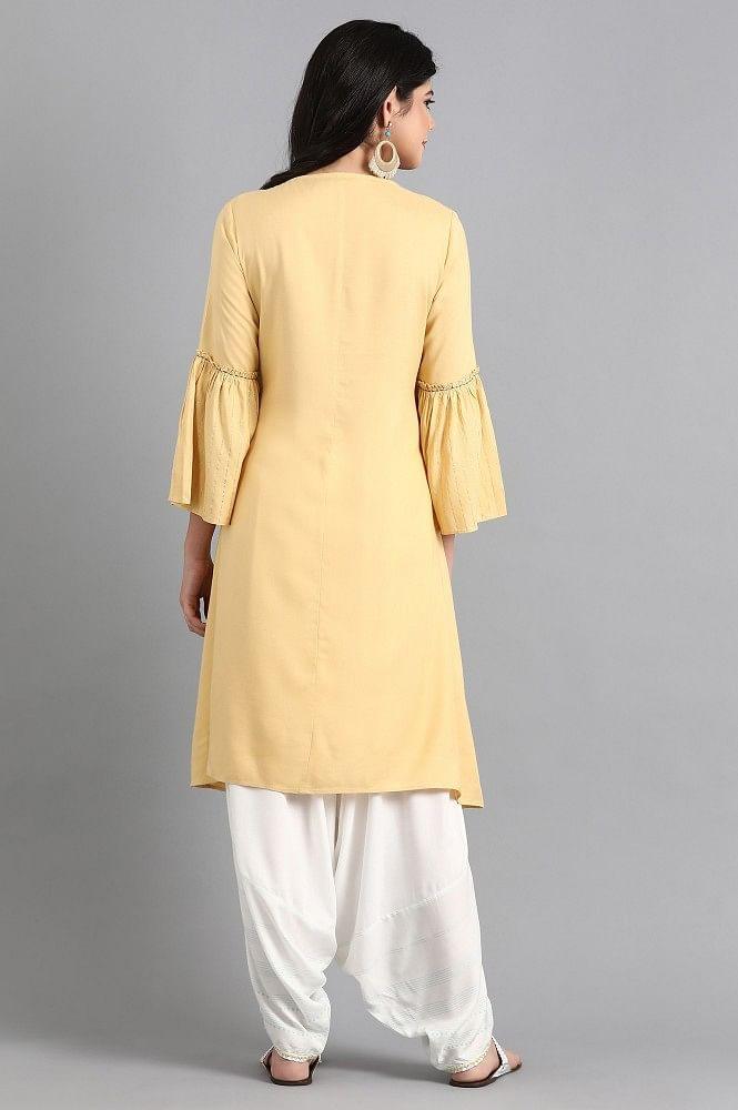 Yellow Round Neck Tie-up kurta - wforwoman