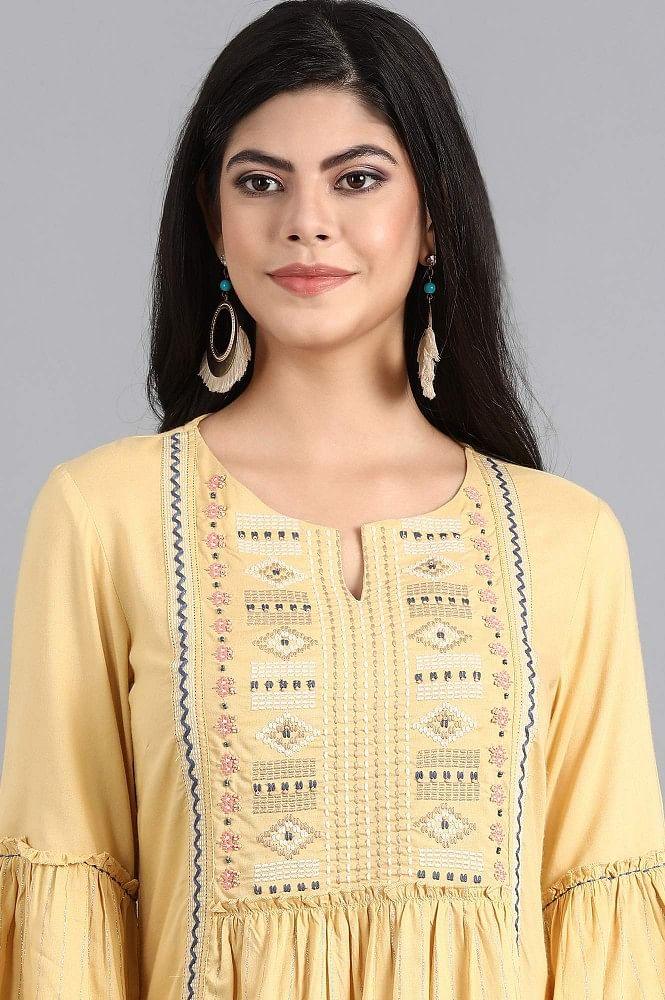 Yellow Round Neck Tie-up kurta - wforwoman